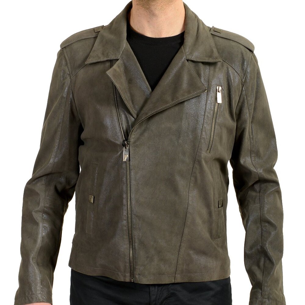 Versace Collection Men's 100% Leather Gray Full Zip Bomber Jacket US XL IT 54